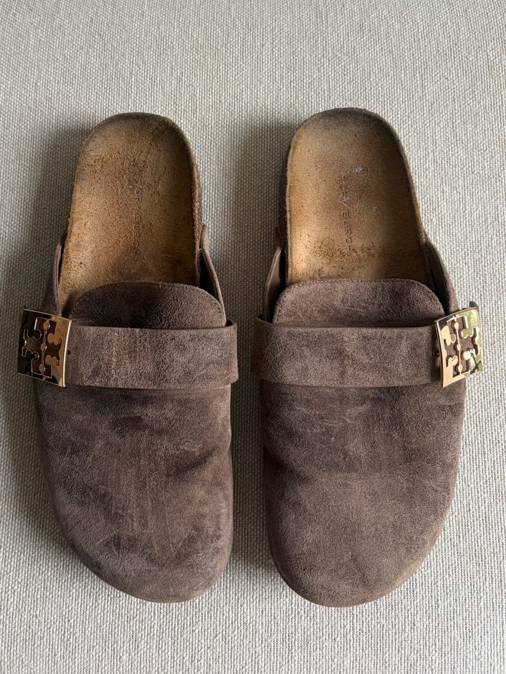 TORY BURCH Mellow Brown Gold Suede Mule Size 7 - Picture 3 of 8
